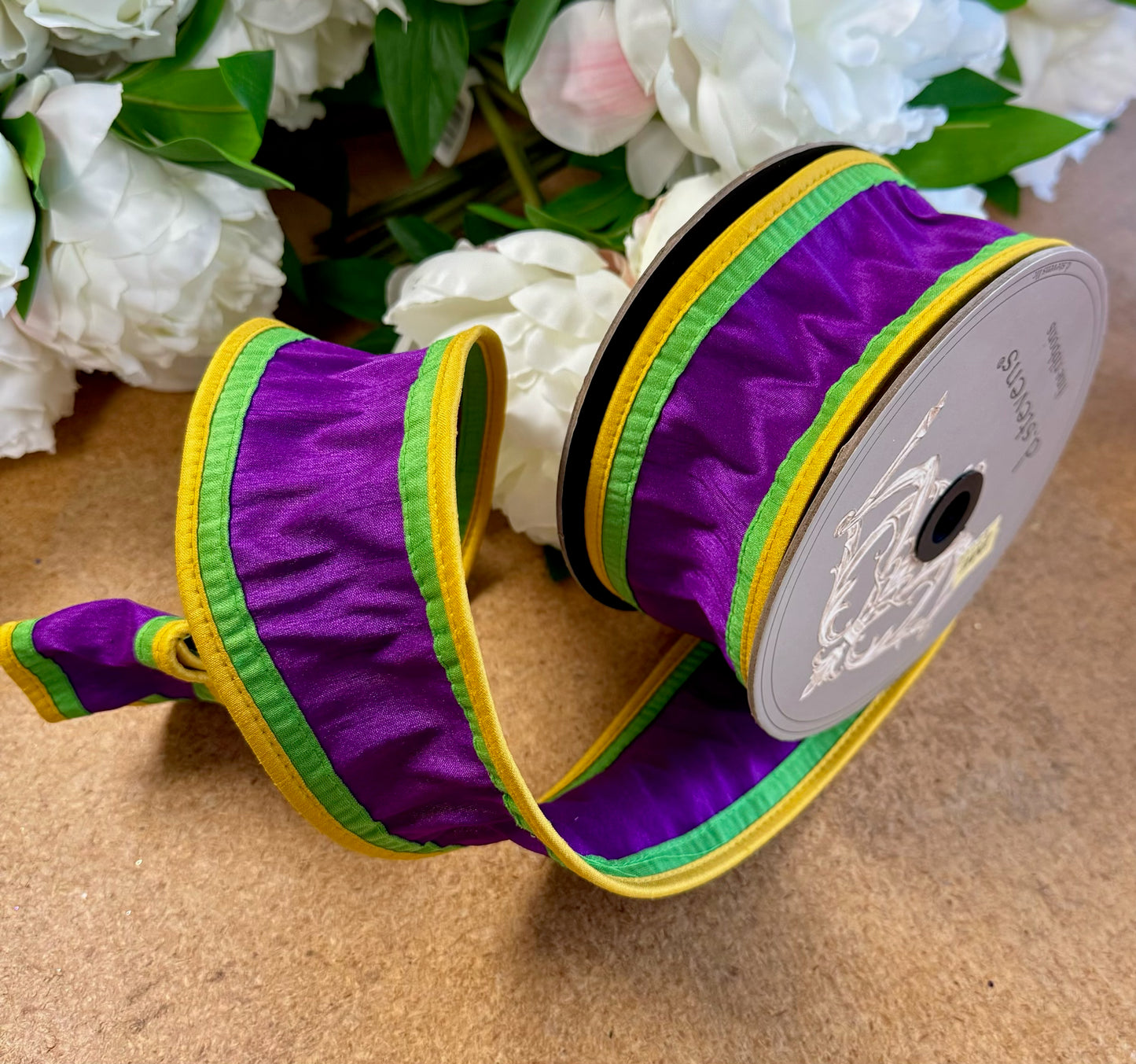 Purple Polyester with Green and Yellow Border 2.5 Inches by 10 Yards