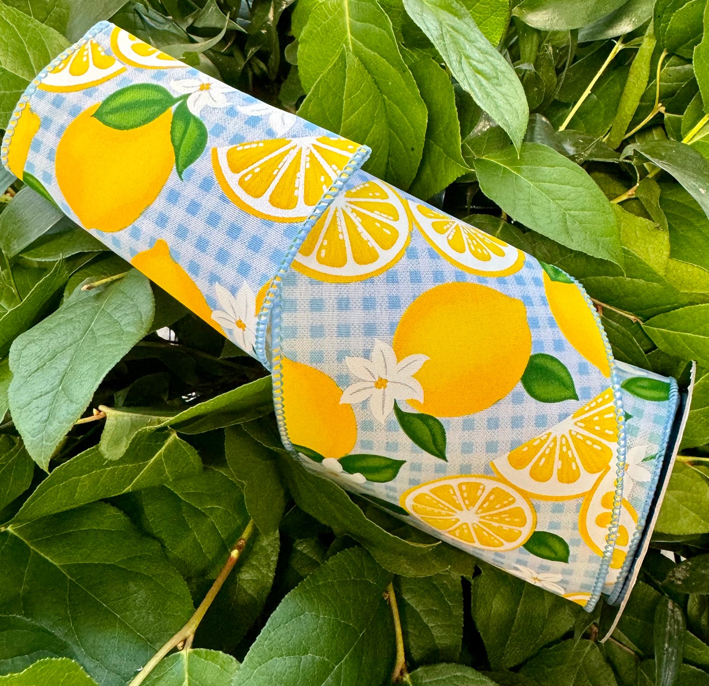Lemon Fruit on Baby Blue small checked wired Ribbon. 10 yards x 4”