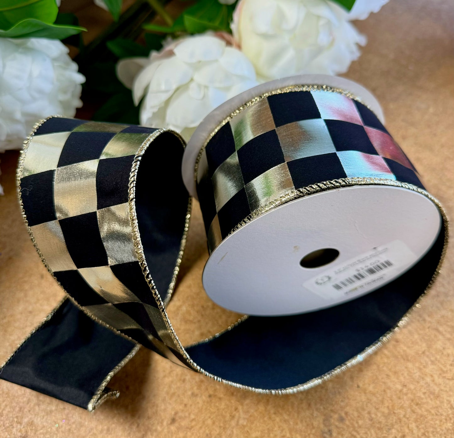 Black and Gold Metallic Checkered Ribbon 2.5 Inches by 10 Yards