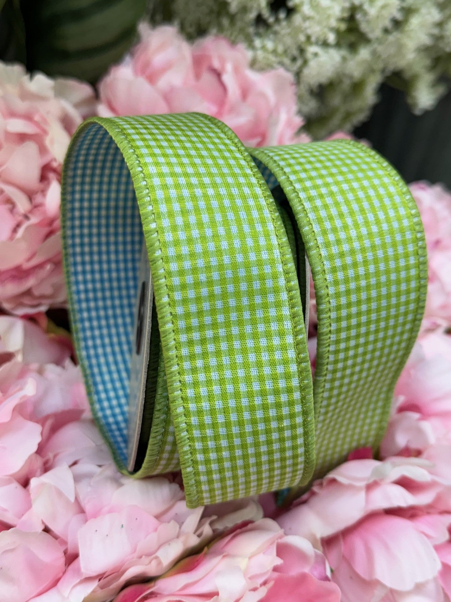 Two Sided Gingham Lime Green/Blue  1.5 Inches by 10 Yards