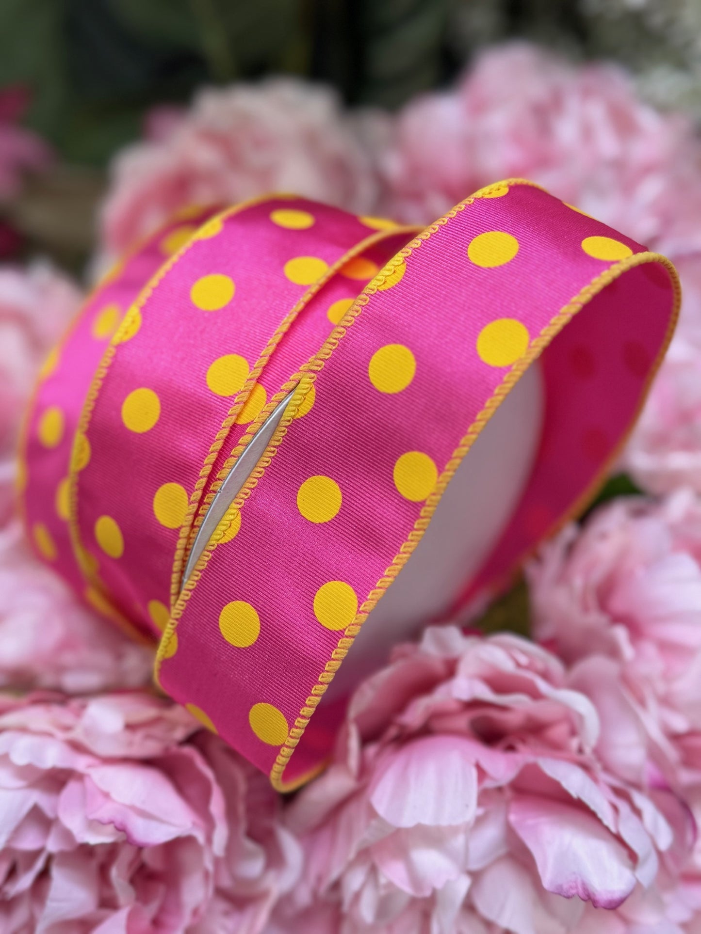 Hot Pink with Yellow Dots 1.5 Inches by 20 Yards